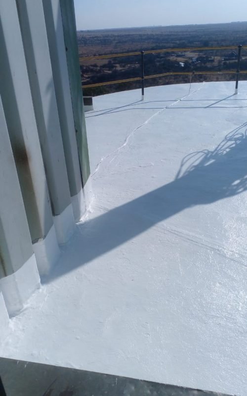 Close-up of the Corrugated Sheeting on a silo roof showing detailed painting and waterproofing by APR Waterproofing.